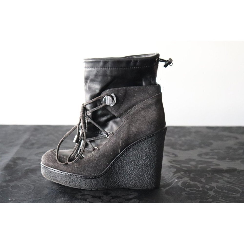 Moncler Women's Size 37 Black Wedge Boots Suede Lace Up Mid-Calf Round Toe Shoes